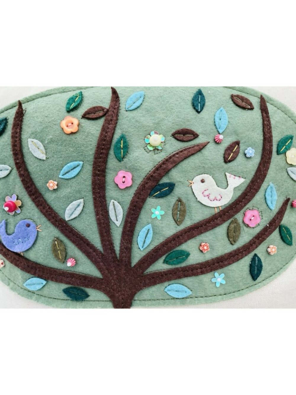 Whimsical Bird Tree Applique Throw Pillow Life Is Good 12x10 Pom Trim - Picture 3 of 6